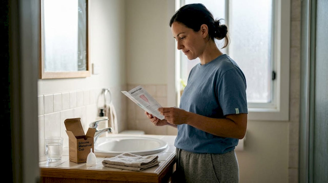Woman reading menstrual cup instructions at sink