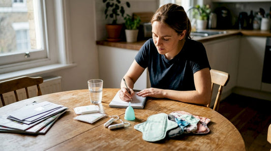 Woman comparing menstrual products at kitchen table