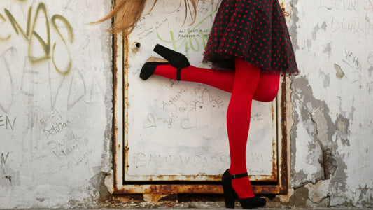 Red Tights With Black Shoes And Black And Red Polka Dot Skirt