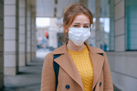 Woman In Yellow Sweater And Coat Fashionably Wearing Face Mask