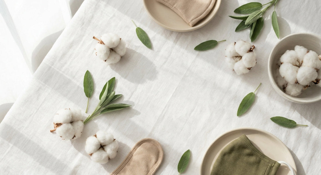 A soft flat lay of organic cotton bolls and green leaves arranged beside minimalist period care products in earthy tones under gentle natural light.