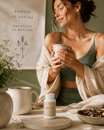 A woman in a green ribbed crop top and matching bottoms sits indoors holding a ceramic mug, with a bottle labeled RHYTHM on a table in front of her. She wears a cream shawl, with a ceramic mug, dried herbs, and a botanical wall hanging in a softly lit room.