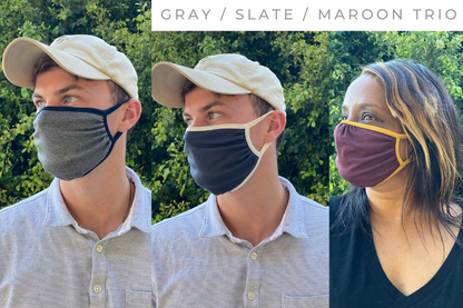 Ridiculously Comfy Reusable Cloth Mask - 2 PACK - Tampon Tribe - Masks - TRIO: Gray/Navy + Slate/Marshmallow + Maroon/Mustard